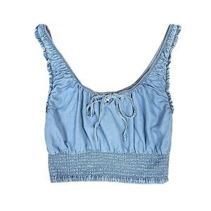 Love Tree Crop Women's Size Large‎ Blue Denim Tencel Ruffle Smocked Peasant Tie